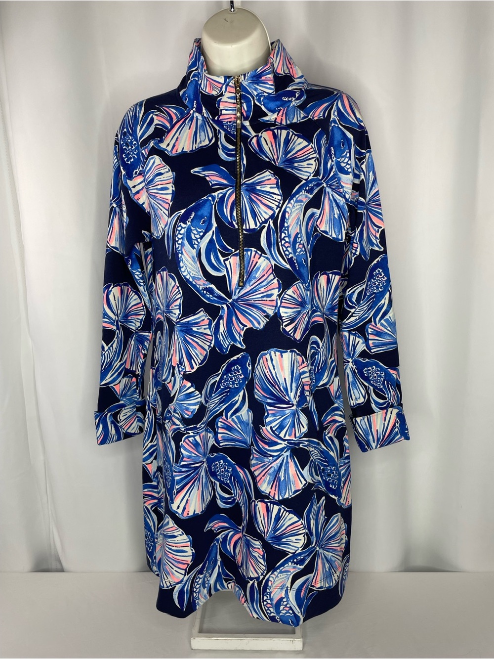 Lilly Pulitzer M Navy Floral Quarter Zip Shift Dress Blue Pink Cotton Stretch
